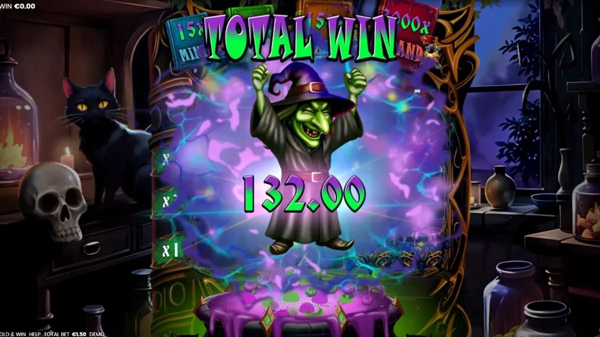 Witches’ Fortune: Hold and Win slot game interface with magical potion theme